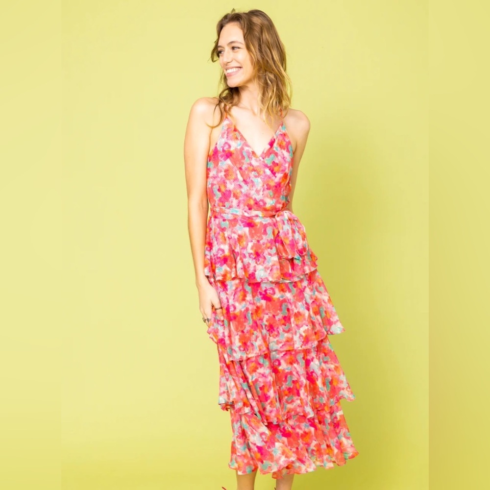 Adelyn Rae Brianna Pink Multi‑Color Floral Tiered Maxi Dress Ruffles Strappy Med - Picture 11 of 11